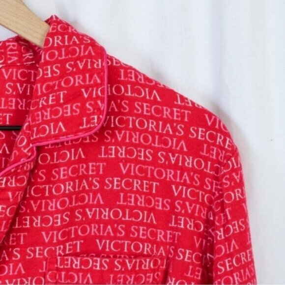 Victoria's Secret Cotton Flannel Red and Pink Logo Long Sleeve Pajama Set Large - Picture 4 of 9